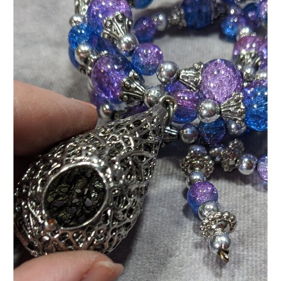 Handmade Fairycore Bird's Nest Blue And Purple Beaded Coil Bracelet - Picture 7 of 8